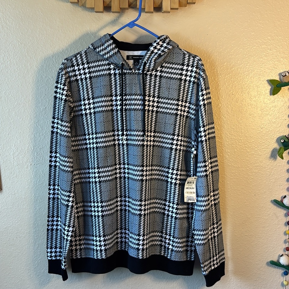 NWT INC International Concepts Black White Plaid Hooded Sweatshirt Thin